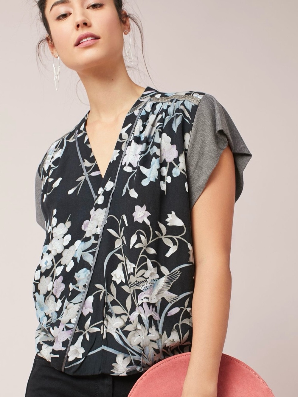 Anthropologie Tiny Cara Black Floral Wrap Top Boho Metallic Minimalist Size XS